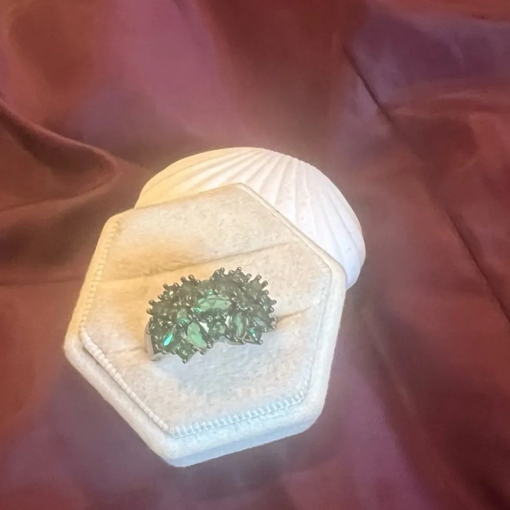 Hematite finish emerald crystals floral size 8 ring HRFG1